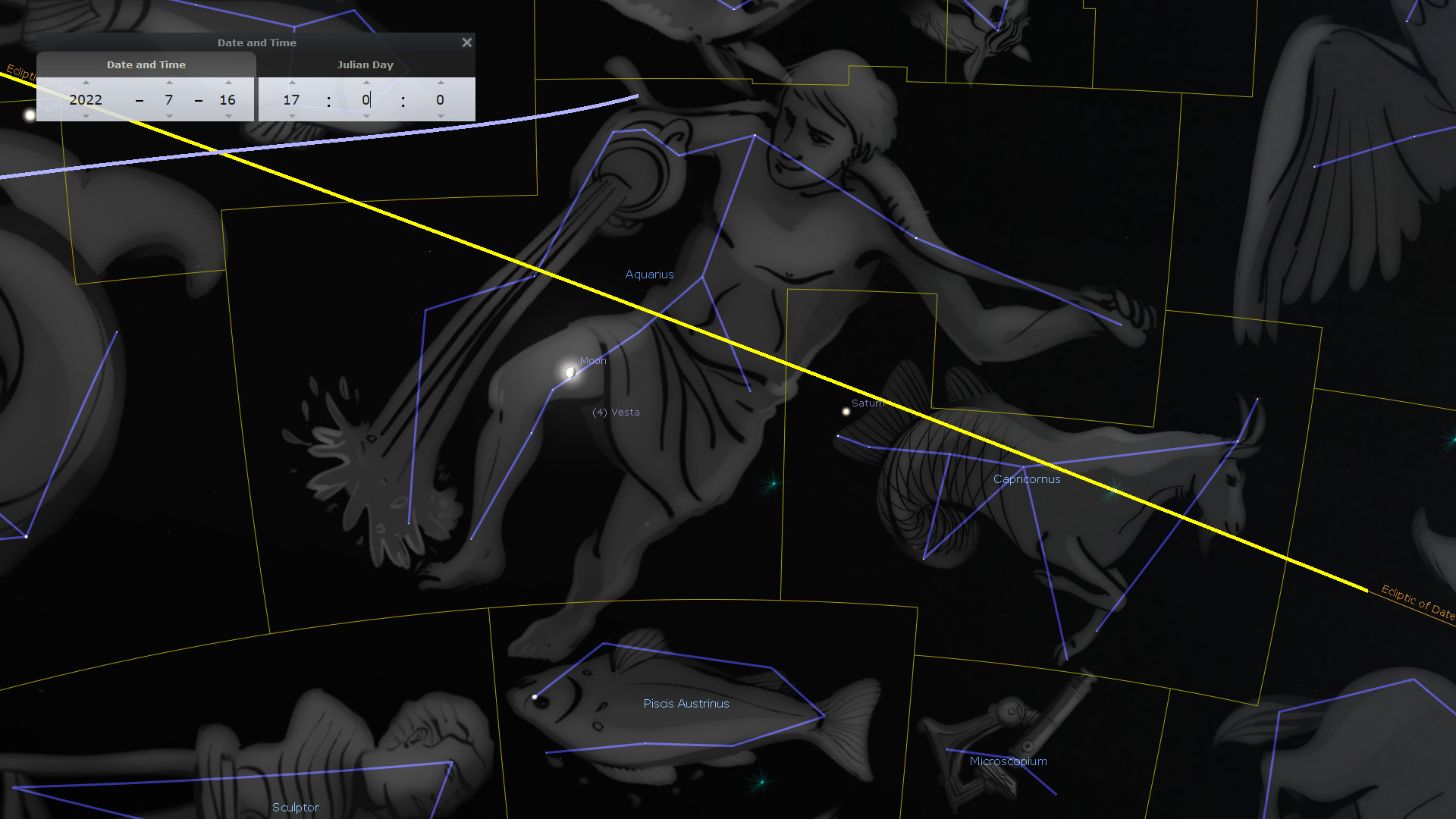 An illustrated digital overlay of multiple celestial constellations positioned against a dark background, connected by various lines depicting their symbolic images such as a water bearer, a goat-fish hybrid, and a fish among others. Notable celestial objects like the Moon, Saturn, and Vesta are marked along this representation of the Mazzaroth. Yellow lines indicate coordinates or measurements within the celestial sphere.