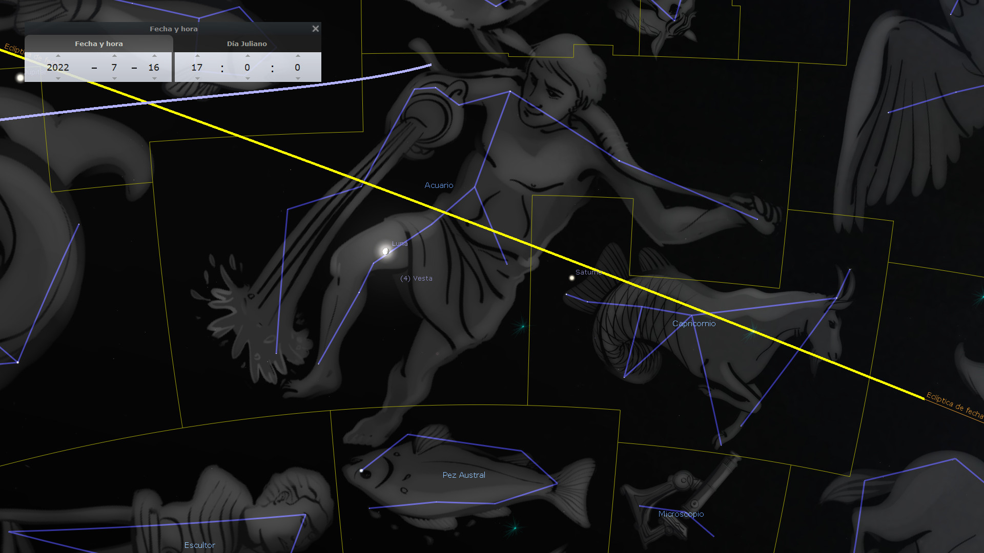Imagen de un mapa estelar interactivo mostrando constelaciones con representaciones mitológicas y nombres, incluyendo líneas de conexión entre las estrellas y etiquetas con nombres de cuerpos celestes como Saturno y la Luna. Se destacan ciertas figuras mitológicas como un hombre que vierte agua de un jarro y un pez. También se visualizan líneas amarillas indicando la eclíptica en la fecha especificada.