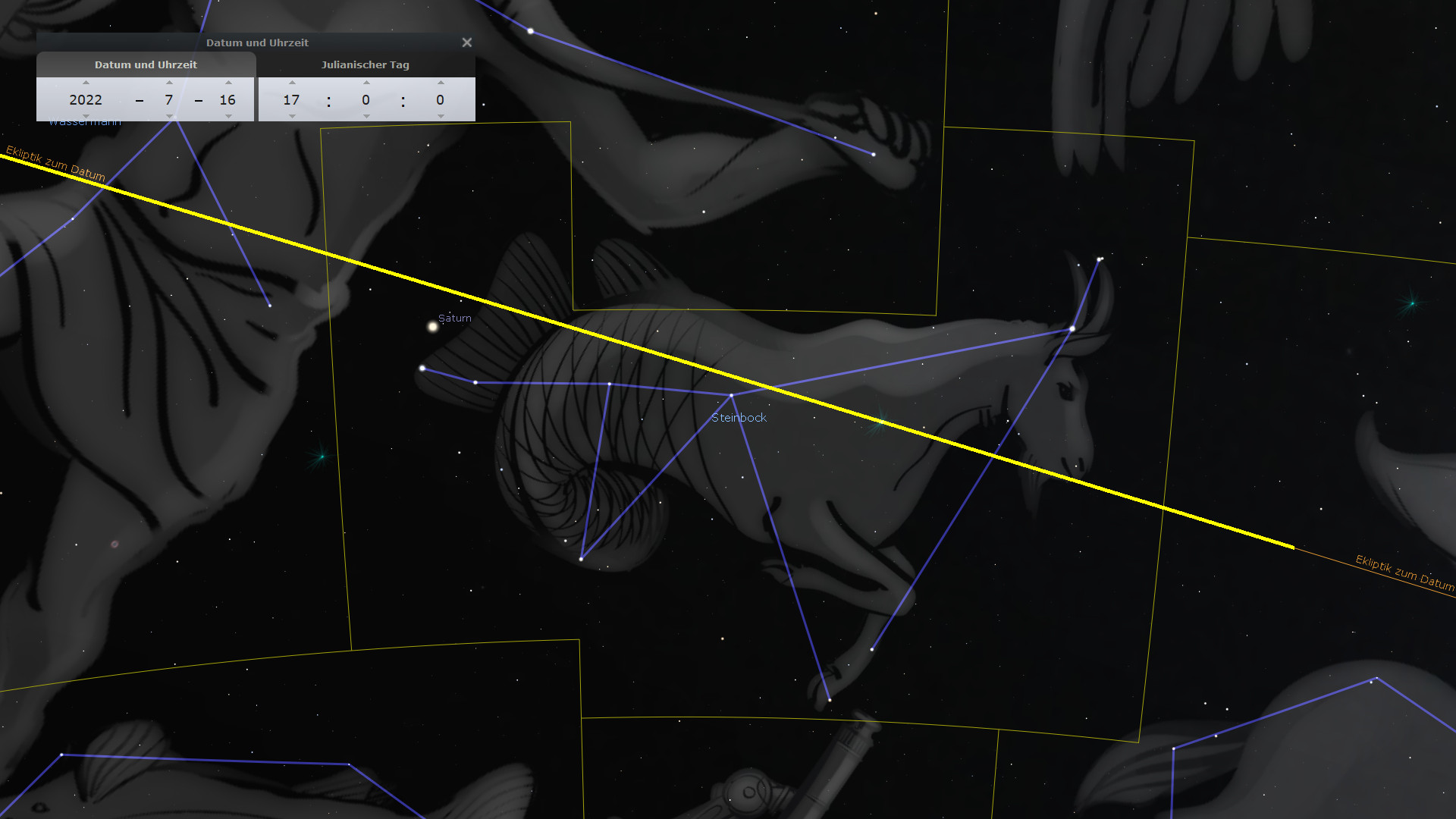 Digitale Darstellung eines Sternenhimmels, mit schematischen Illustrationen der Mazzaroth-Gruppierungen. Eine ekliptische Linie kreuzt das Bild, Saturn und weitere Sterne sind sichtbar. Eine Benutzeroberfläche zeigt Datum und Uhrzeit-Einstellungen.