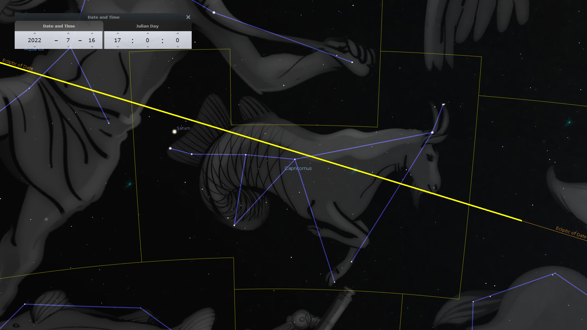 A digital representation of a night sky view featuring detailed illustrations of celestial patterns, identified as Capricornus and other Mazzaroth patterns, against a dark space background. Key celestial coordinates are marked, including the visible planet Saturn, and a yellow line indicating the ecliptic or apparent path of the sun.