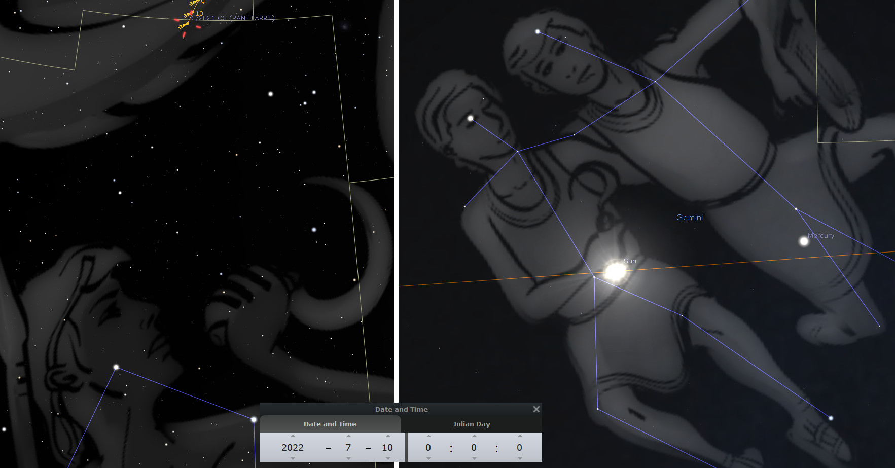 Astronomical illustration showing a star map next to an artistic representation of a constellation associated with a figure from the Mazzaroth. The left side displays a night sky with numerous stars and highlights a comet path, while the right side depicts an illustrated figure with connections to various celestial bodies, including the Sun and Mercury.