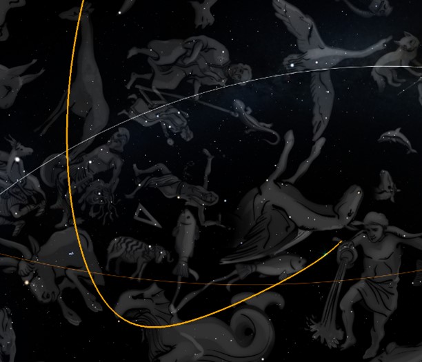An artistic depiction of constellations in the night sky, shown as mythological and human-like figures connected by golden and white lines against a dark stellar background.