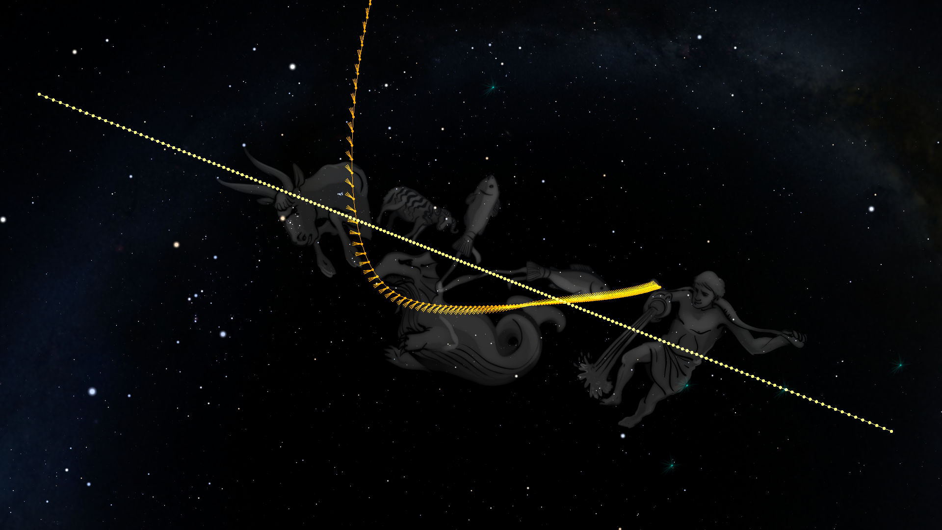 A celestial depiction showing three silhouetted figures adorned with animal and human features against a deep space background filled with stars. Interwoven golden lines trace a surreal, intricate pathway between the figures, representing constellations from the Mazzaroth.
