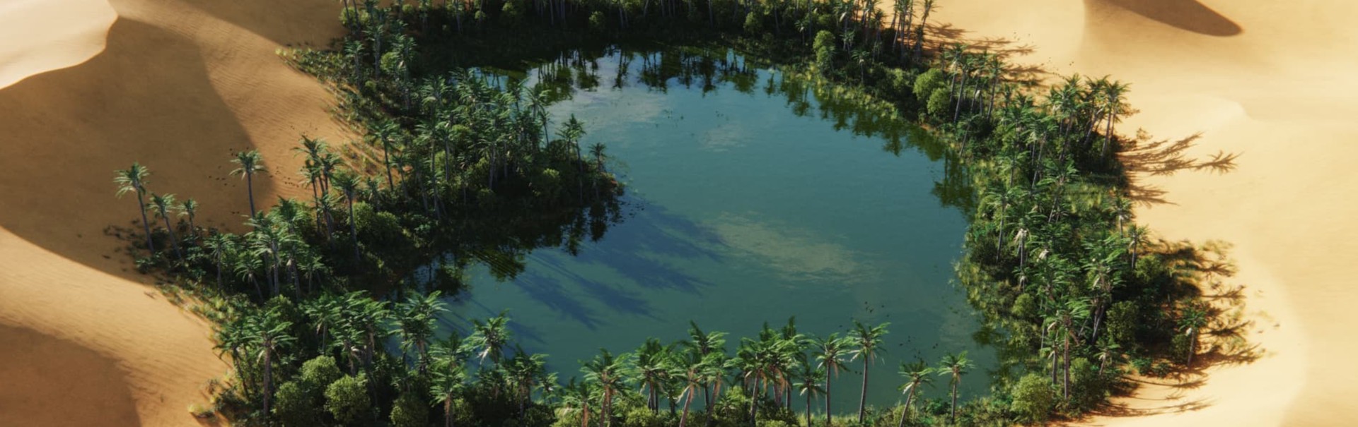An aerial view of an oasis in the desert, featuring a large, circular body of water surrounded by lush greenery and palm trees, contrasting starkly with the expansive golden sand.