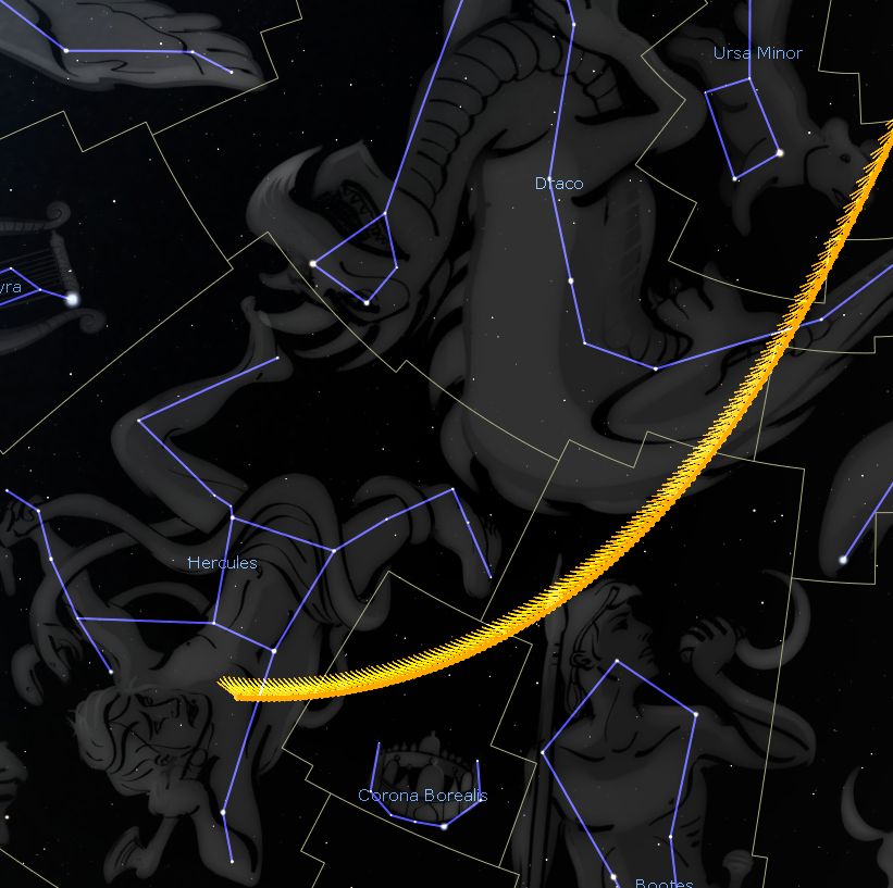 A digital illustration of a celestial map depicting a dark starry sky with outlined figures representing various constellations such as Hercules, Draco, and Ursa Minor. A prominent golden arc representing a celestial path crosses the scene.