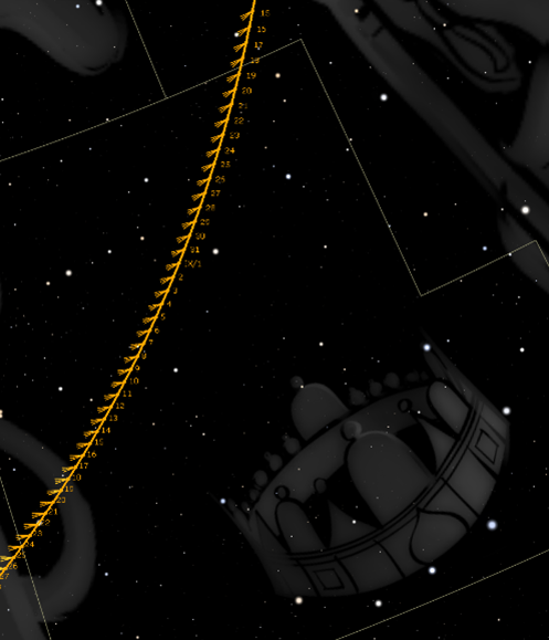 A celestial illustration featuring a stylized starry backdrop with visible coordinate grids and a prominent crown set amidst the stars, connected by a diagonal yellow line with numerical measurements suggestive of astronomical charting.