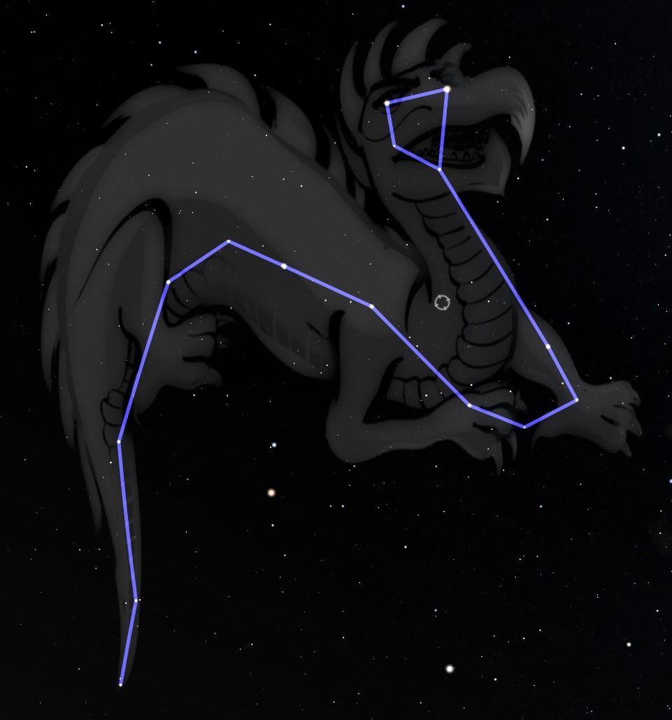 Illustration of a large dark grey dragon positioned against a starry night sky, with a blue outline depicting a constellation from the Mazzaroth array.