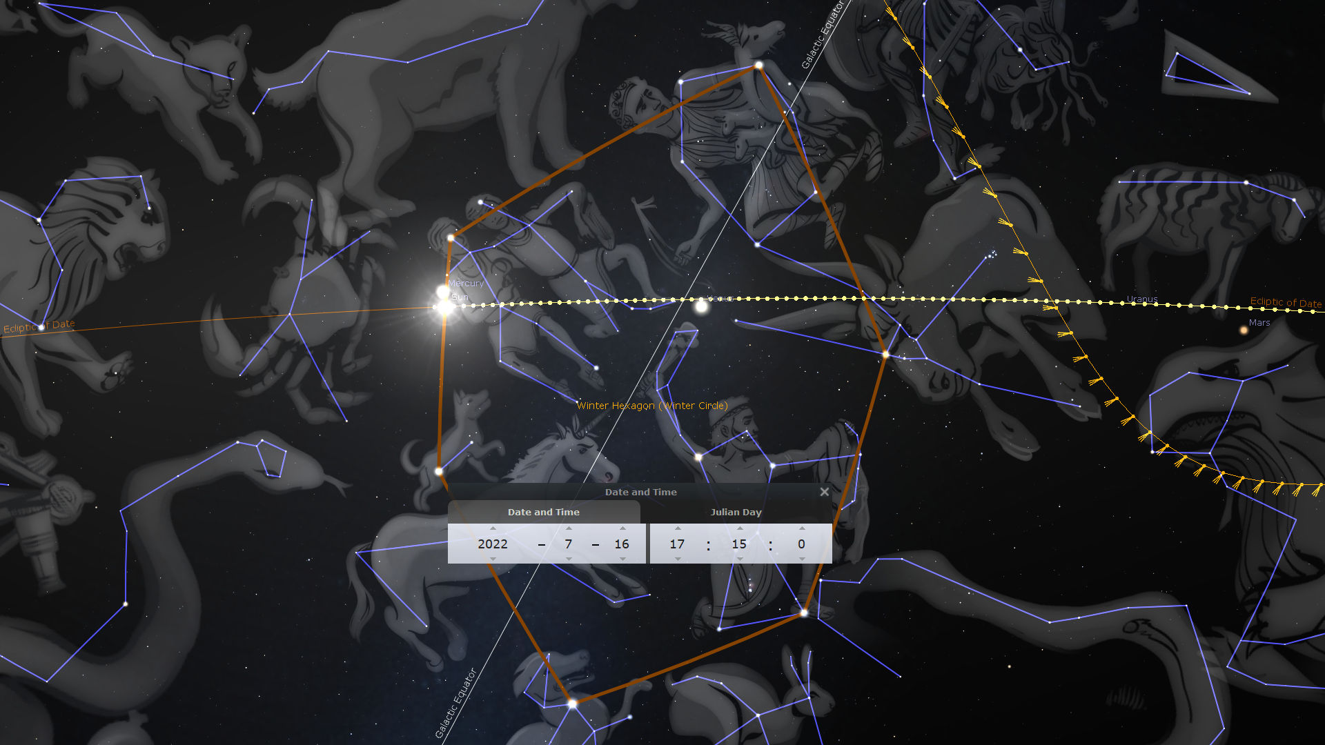 A digital illustration of the night sky, showing various constellations mapped out in vibrant blue lines against a backdrop of stylized representations of mythical figures in grey. The image includes a representation of the Winter Hexagon and positions of the planets Mercury, Saturn, and Mars along the ecliptic. The lower part of the image displays an interface with date and astronomical details, marked as 2022-07-16 at 17:15:00 Julian Day 0.
