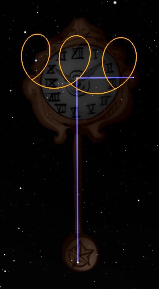 A night sky filled with stars serves as the backdrop for an ornate wooden pendant featuring an intricate design with Roman numerals in a circle, highlighted by three interlocking circles of light and a thin, vertical blue beam extending through the pendant.