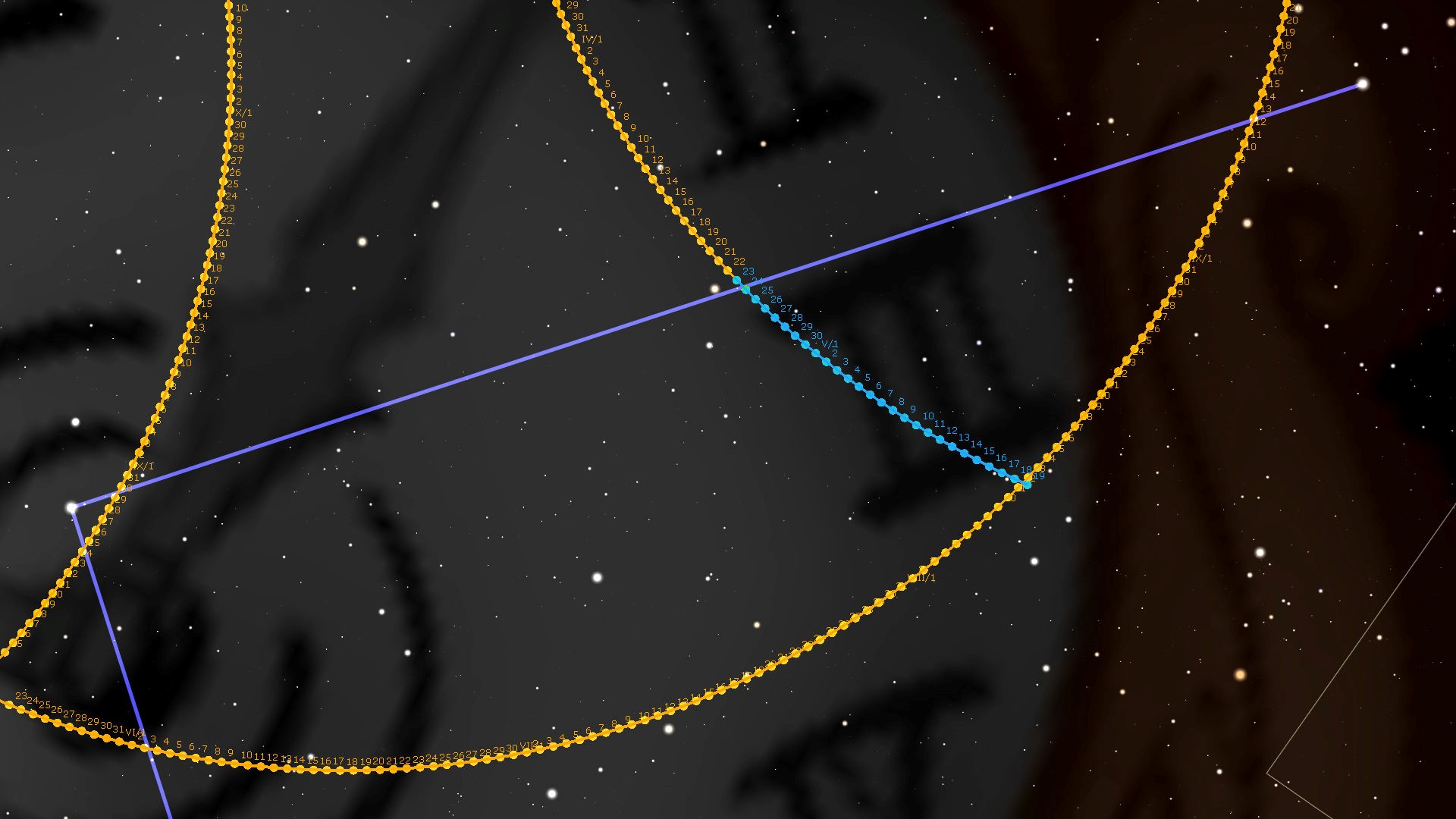 A digital illustration of the night sky with marked celestial paths. Countless stars punctuate the darkness. Highlighted paths are drawn across, with chains of golden and blue numbers sequentially marking specific days along the paths. These paths intersect at various points above an abstract pattern of dark clouds.