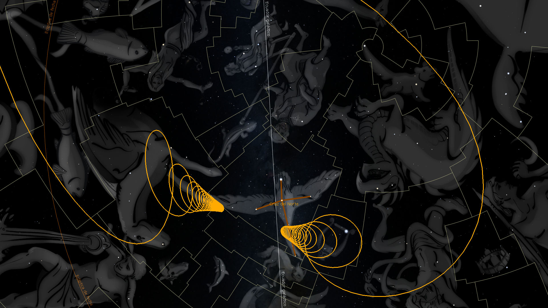 Ilustración artística del cielo nocturno mostrando constelaciones vinculadas a figuras míticas con líneas amarillas conectando estrellas significativas dentro de sus respectivos sectores, sobre un fondo oscuro y estrellado.