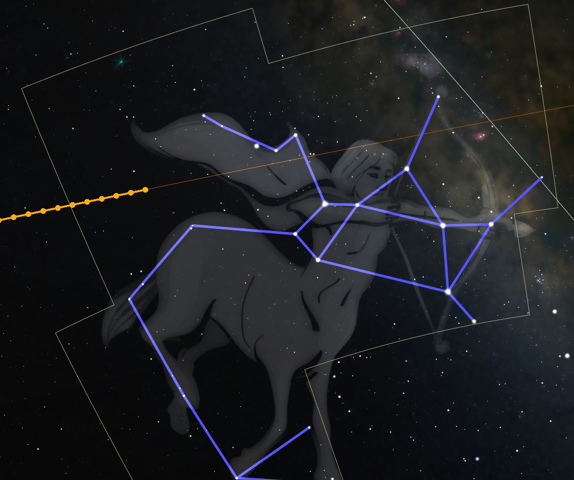 A depiction of a celestial constellation in space showing a figure resembling a bull overlaid with a prominent blue geometric outline against a starry background, accompanied by a path representing a comet.