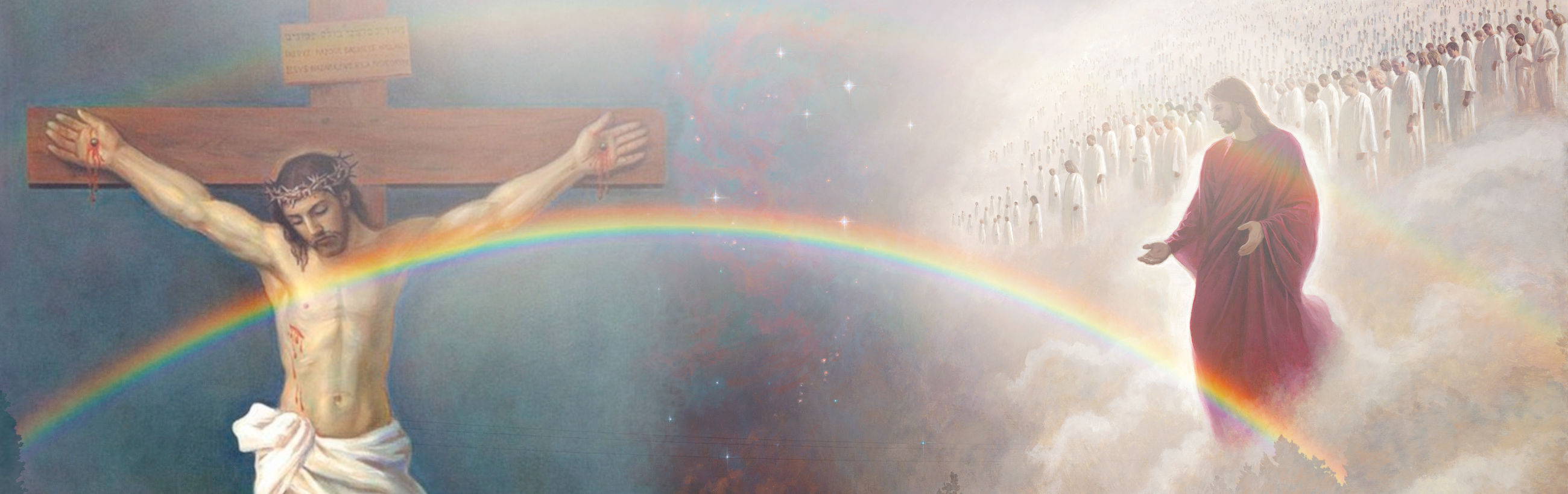 A panoramic artwork blends biblical and celestial imagery. On the left, a depiction of Jesus Christ on the cross with a crown of thorns, blood visible on His hands, under a rainbow that arches across the scene. The center shows a mystical, star-lit sky merging into a gathering of countless figures in white robes standing in clouds, continuing under the rainbow. On the right, Jesus, depicted in a radiant red robe, walks toward this multitude, His presence emanating a warm glow in a serene, cloud-filled environment.