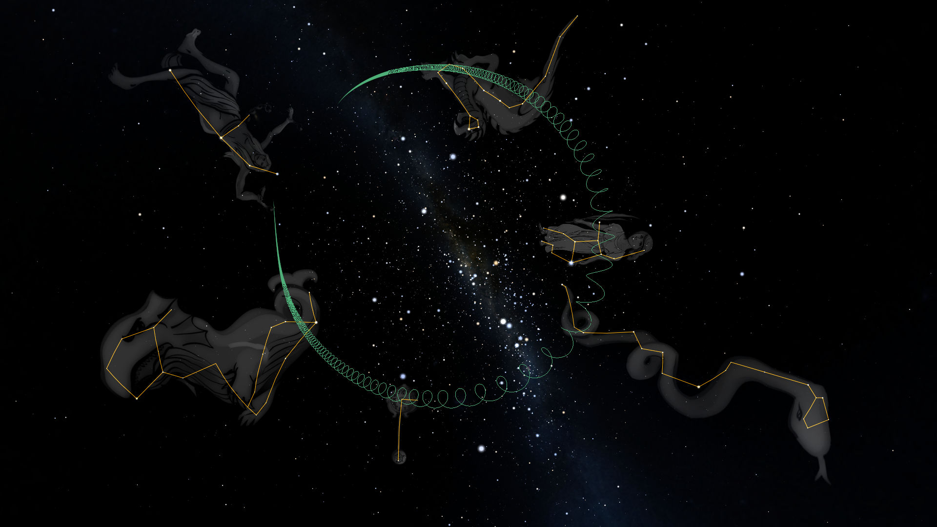 A celestial depiction of the Mazzaroth depicted across a starlit night sky. The constellation-like figures are traced out with lines, forming silhouettes that appear to interconnect various astronomical bodies, inspiring a sense of wonder about the cosmos.