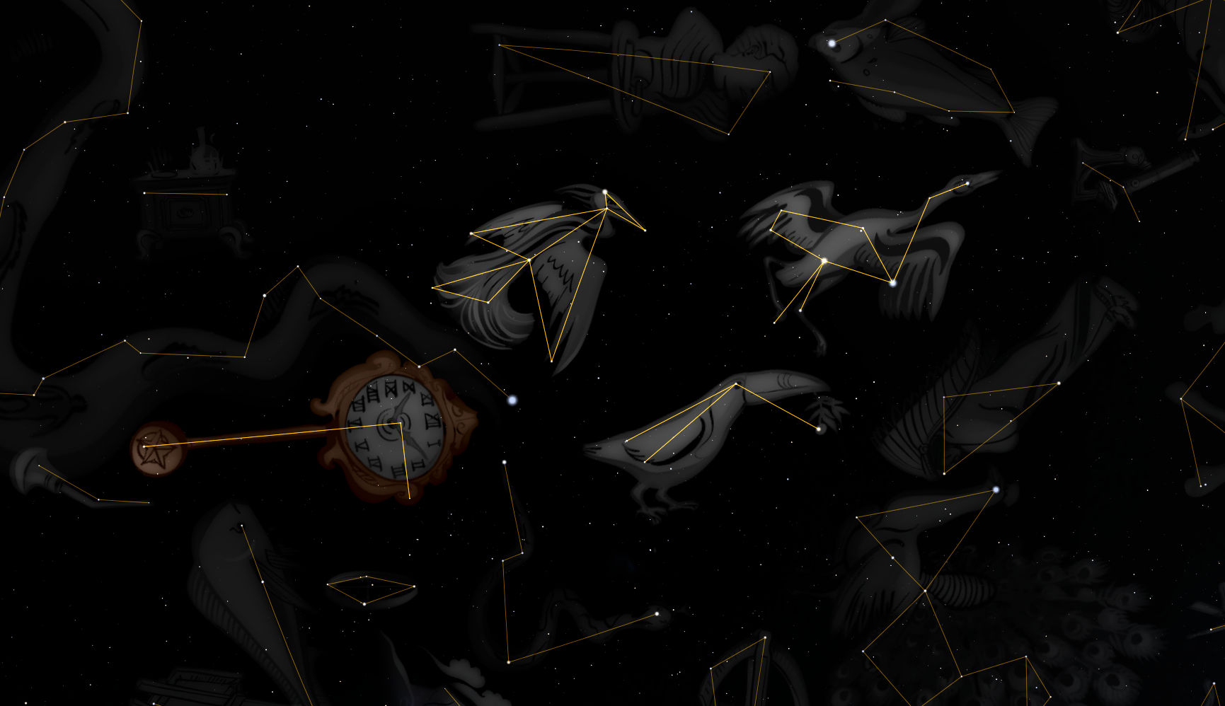 A dark, starlit sky serves as a backdrop for a series of illustrated celestial formations connected by thin, golden lines. Each formation represents a different animal or symbol, including an archer and various aquatic and terrestrial creatures. The artwork is scattered with occasional symbolic objects, such as an old-fashioned clock showing roman numerals, enhancing the mystical yet ancient astronomical theme.