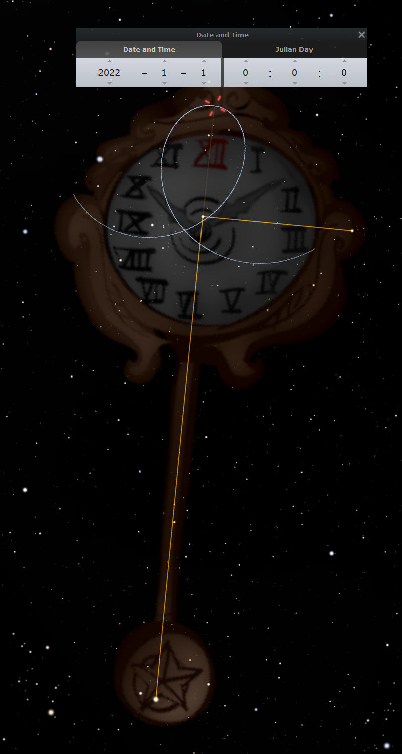 An ornate pendulum swings against a starry backdrop, with symbols associated with celestial constellations of the Mazzaroth etched on its clock face. A date and time interface floats above, set to the first minute of the year 2022.