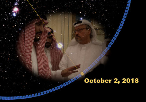 Two men engaged in conversation inside a room, dressed in traditional Middle Eastern attire. The image is framed by a decorative arc resembling a night sky sequence, with twinkling stars and a brighter celestial body in the top left. The date "October 2, 2018" is displayed at the bottom.