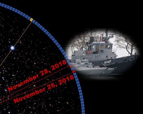 A composite image featuring contrasting celestial and terrestrial elements, with a clear, star-filled sky sectioned by an arc showcasing stellar formations according to the chronological sequences of November 26, 2018, and November 28, 2018. A military vessel marked as "A947" is prominently displayed in a monochrome night setting.
