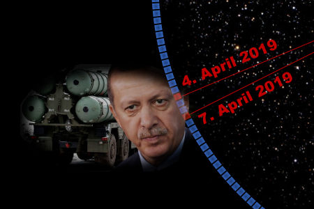 Ein Bild, das einen Mann mittleren Alters mit einem ernsten Gesichtsausdruck zeigt, umgeben von einem kosmischen Hintergrund mit Sternen und einem Streifen, der Daten im April 2019 darstellt. Eine Silhouette von militärischen Fahrzeugen ist in einem dunkleren Bereich zu erkennen.