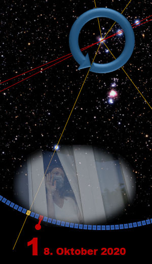 Ein grafisches Bild, das ein Observatorium unter einem sternenübersäten Himmel zeigt, begleitet von einem stilisierten Symbol des Mazzaroth. Linien verbinden verschiedene Himmelskörper und das Datum "1. Oktober 2020" ist unten sichtbar.