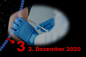 Nahaufnahme einer Hand in blauen medizinischen Handschuhen, die eine Spritze hält, vor einem unscharfen Hintergrund mit Sternmustern und dem Datum 2. Dezember 2020.