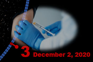 A close-up image showing a person's hands in blue gloves holding a medical swab and a vial, viewed through a circular frame resembling a magnifying lens with a star-filled background and the date "December 2, 2020" overlaid.