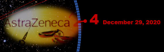 An artistic image representing an astronomical constellation associated with the Mazzaroth, shown with a golden scale against a backdrop of a glowing planet and a star-filled night sky. On the left, the word "AstraZeneca" is visible, and on the right, a red-black striped element extends with the text "December 29, 2020".