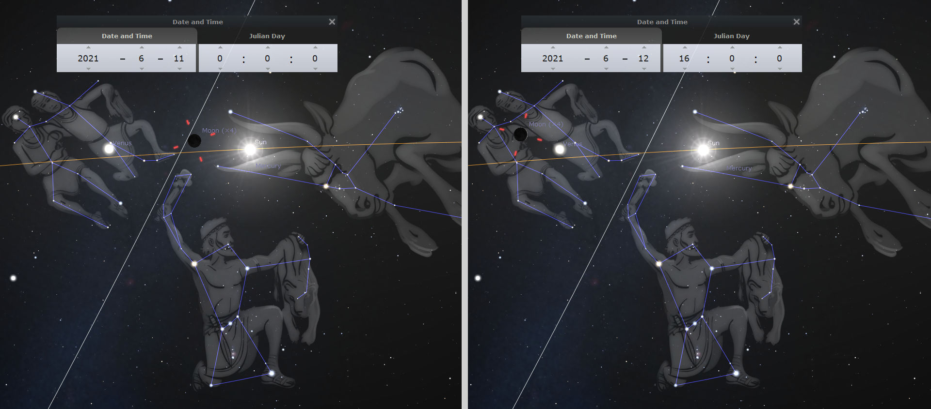 A digital stellar depiction showcasing celestial bodies and figures against the deep space background observed on two sequential days. The first half of the image illustrates astronomical objects aligned through the orbital plane on June 11, 2021, including planets like Venus, Mercury, and the Sun, circled by an annular eclipse light display. The second half shows the scene on June 12, 2021, with similar planetary arrangements and the Moon partially obscuring the Sun. Both illustrations include overlay constellations of historic figures, highlighted by connective white lines, representing classical interpretations of ancient Mazzaroth figures.
