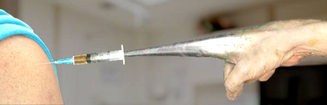 A syringe is inserted into a person's arm; the arm appears visually elongated and unnaturally stretched due to a digital manipulation effect. No context relating to celestial constellations or Mazzaroth themes is relevant.