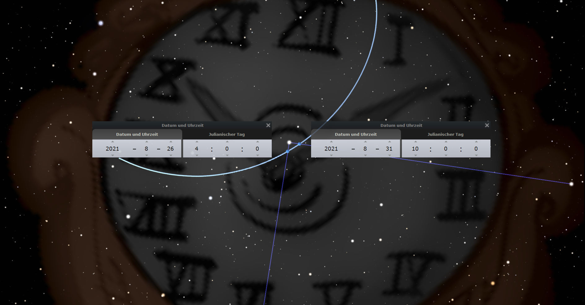 Dunkle Sternenkarte mit overlay von Zeitdatenblöcken und einer blauen Linie, die eine astronomische Berechnung zeigt. Die Elemente der Mazzaroth sind stilisiert dargestellt, ohne Bezugnahme auf übliche astrologische Symbole, ergänzt durch ein Sternenfeld im Hintergrund.