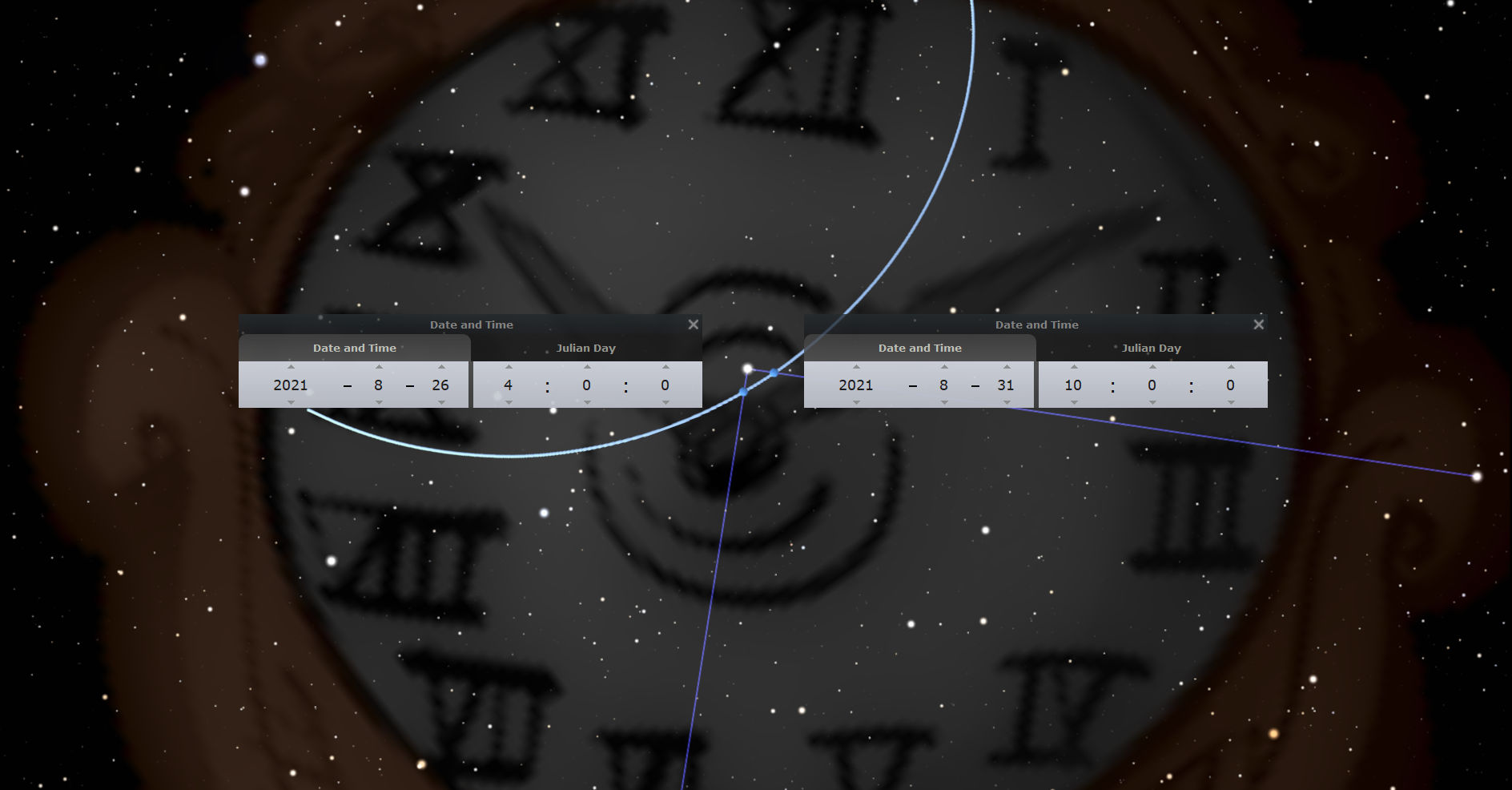 A digital astronomical chart depicting constellations surrounded by stars. Two interactive date and time windows hover over the image, set at different events in 2021, with lines connecting specific points on the chart.
