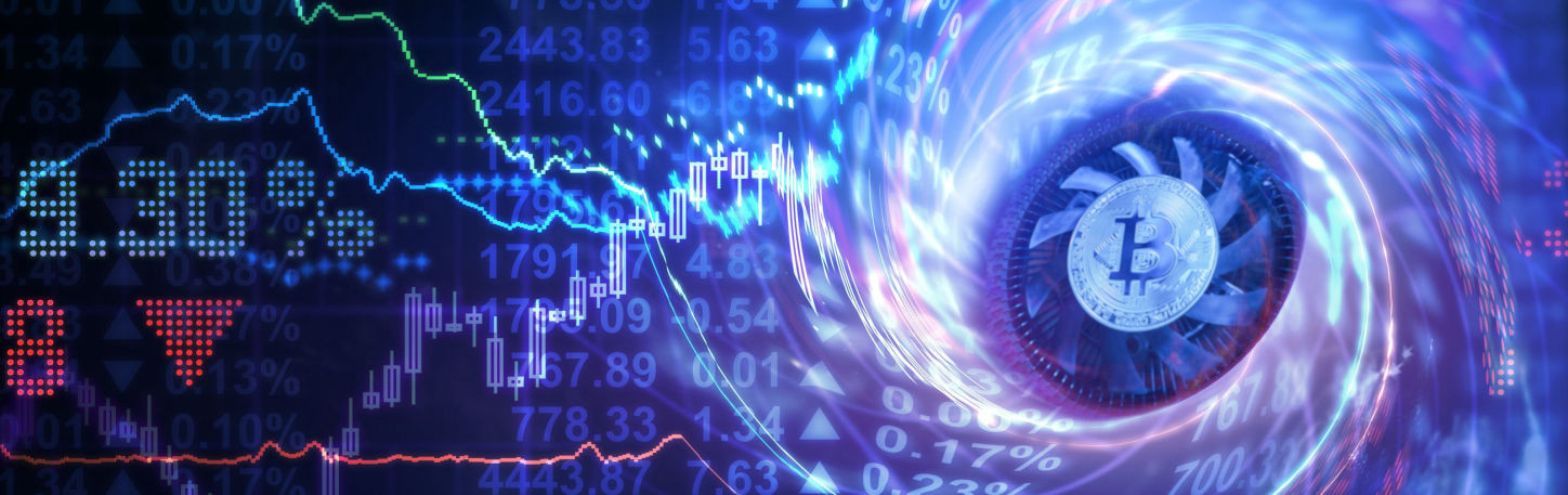 A dynamic digital artwork showing a swirling galaxy-like vortex with a central Bitcoin symbol, surrounded by fluctuating financial graphs and numerical data representing market trends.