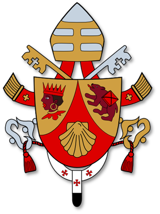 A detailed ecclesiastical heraldic emblem featuring a central shield divided into four quarters on a black background. The upper left quarter contains a lion, and the upper right quarter contains a bear, both on a red background. The lower halves of the shield display a scallop shell on a white field and a geometric shape on a red field. Above the shield, a bishop's mitre is placed, flanked by crossed keys and a crozier. Decorative elements include crosses and tassels.