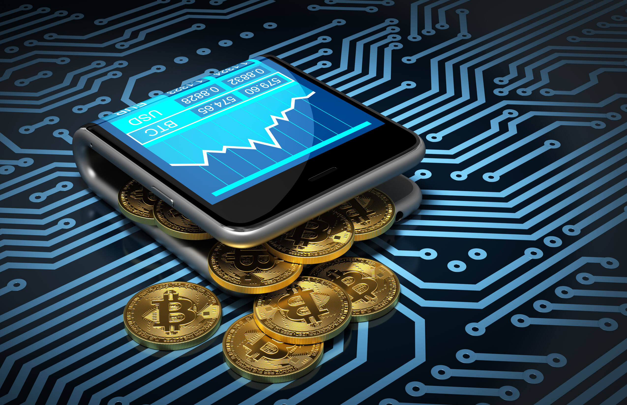 A smartphone rests on a surface textured like a digital circuit board, displaying a dynamic blue financial chart. Surrounding the phone are numerous golden Bitcoin coins, symbolizing digital currency investment trends.