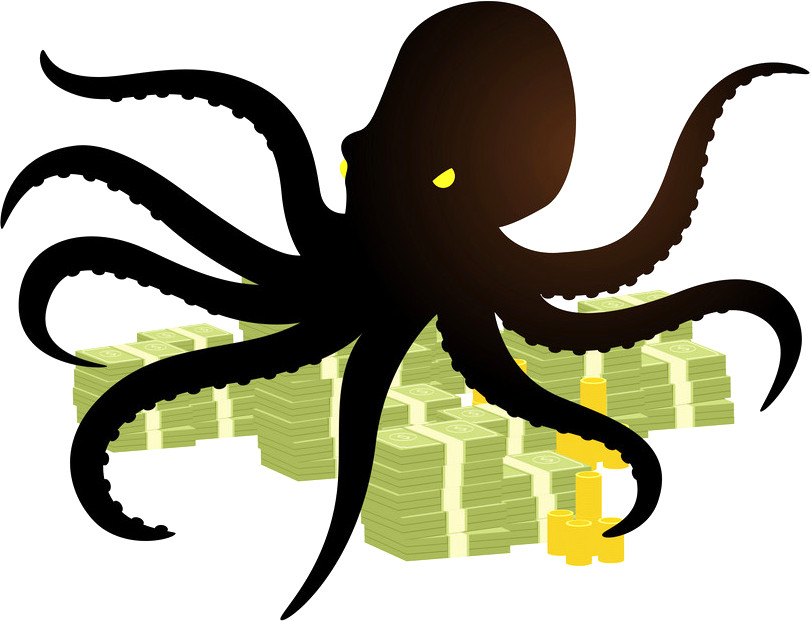 Illustration of a large black octopus with glowing yellow eyes, extended over piles of green money and gold coins.