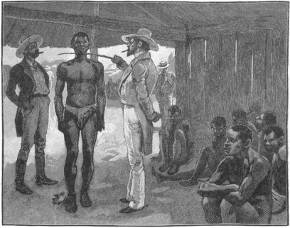 Historical black and white illustration depicting a scene with several individuals inside a shelter. A central figure in colonial attire engages with a tall Indigenous person, surrounded by other Indigenous people seated and standing, listening attentively.