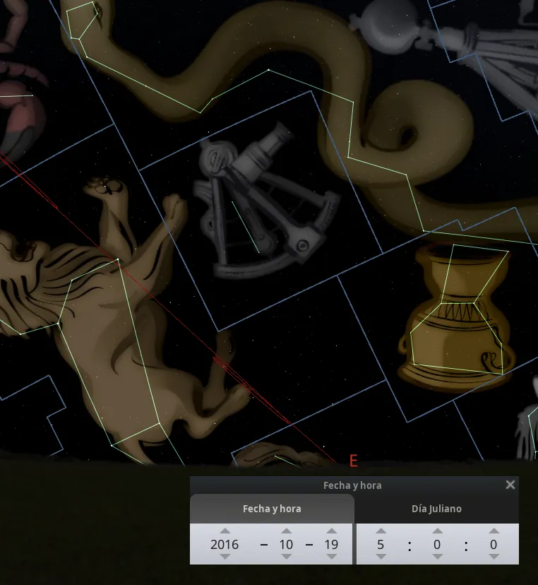 Imagen que muestra un mural astronómico de constelaciones representadas como figuras antiguas y herramientas de mapeo estelar. Incluye un toro dorado, un sextante instrumento de navegación celeste y una urna, sobrepuestos sobre un fondo de cielo estrellado nocturno.