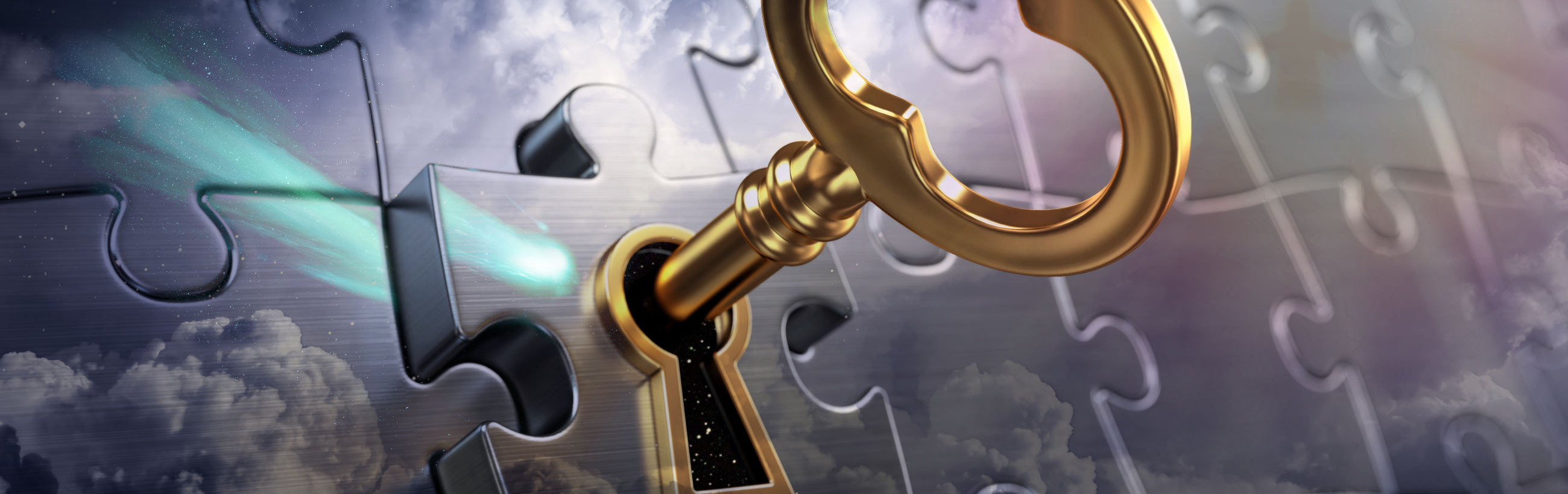 A panoramic image featuring a large, golden key engaging with a metallic jigsaw puzzle under a celestial sky. The puzzle pieces float with one piece being key-shaped and filled with stars, while others are partially cloudy, reflecting a blend of earthly and universal themes. The background includes a vivid aurora over a cloudy sky, creating a surreal and mystical atmosphere.