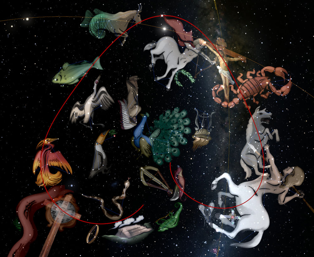 A vivid illustration displaying a collection of 12 artistic depictions of assorted figures linked by lines against a starry space backdrop. The figures, which resonate with ancient interpretations of celestial constellations within the Mazzaroth, include diverse motifs such as aquatic creatures, animals, and mythical beings each engaged in different dynamic poses around a central, elliptical path marked in red.
