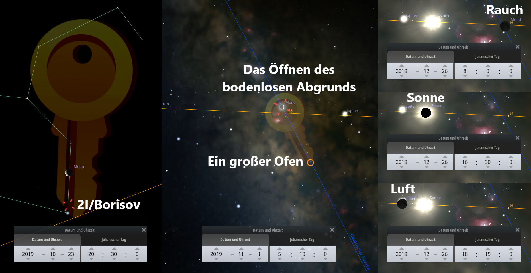 Auf der linken Seite des Bildes visualisiert eine stilisierte grafische Darstellung eines Schlüssels mit Umrandungen, die den Mond und einen Kometen namens 2I/Borisov markieren, kosmische Positionierungen. Die rechte Seite zeigt vier kleinere Bilder, die Diagramme und Informationen zu astronomischen Ereignissen darstellen mit Beschriftungen wie "Das Öffnen des bodenlosen Abgrunds", "Ein großer Ofen", "Sonne" und "Luft" in einem stellaren Hintergrund.