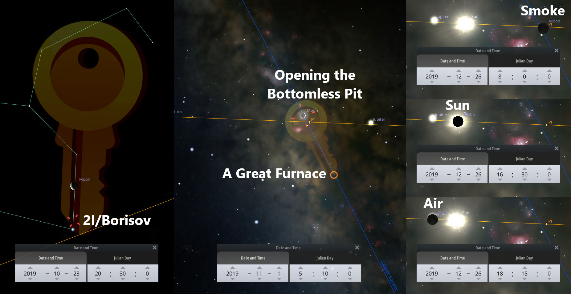A composite image consisting of various celestial bodies arranged over astronomical backgrounds. A central image displays a symbolic key superimposed on an astronomical map with labels and paths corresponding to lunar and comet paths. Other segments show close-up mappings of the moon near other celestial bodies under titles "A Great Furnace" and "Opening the Bottomless Pit". Dates and configurations are noted for historical tracking and observation of these events.
