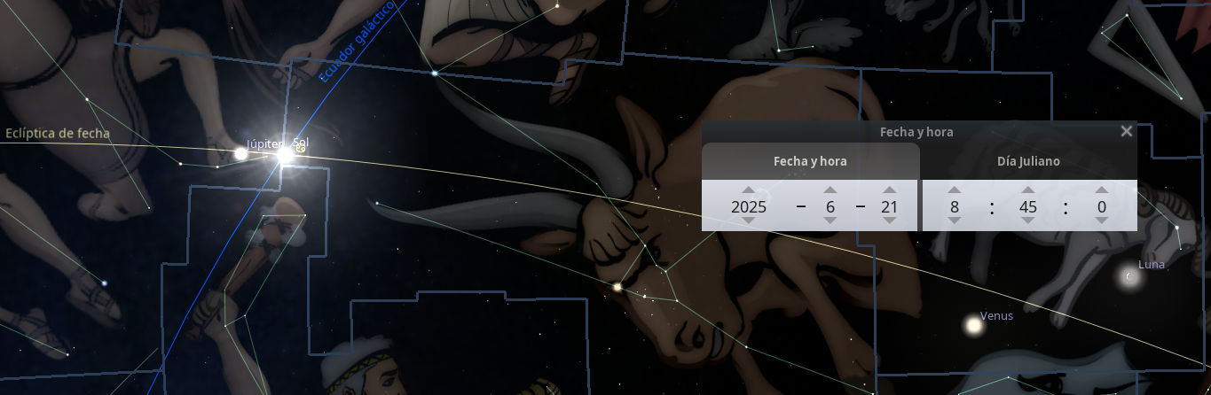 Ilustración digital de un mapa estelar interactivo mostrando distintos cuerpos celestiales como el Sol, Júpiter y Venus conectados mediante líneas que forman parte de la Mazzaroth, en un fondo oscuro del espacio. Una ventana de interfaz muestra la fecha y hora ajustables para la observación astronómica.