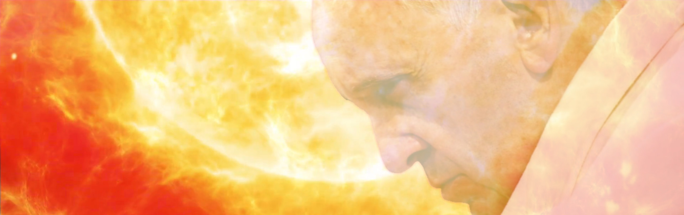 A man in contemplation overlaid with an artistic depiction of a radiant, golden solar atmosphere, representing a cosmic scene akin to the depictions found in the Mazzaroth.