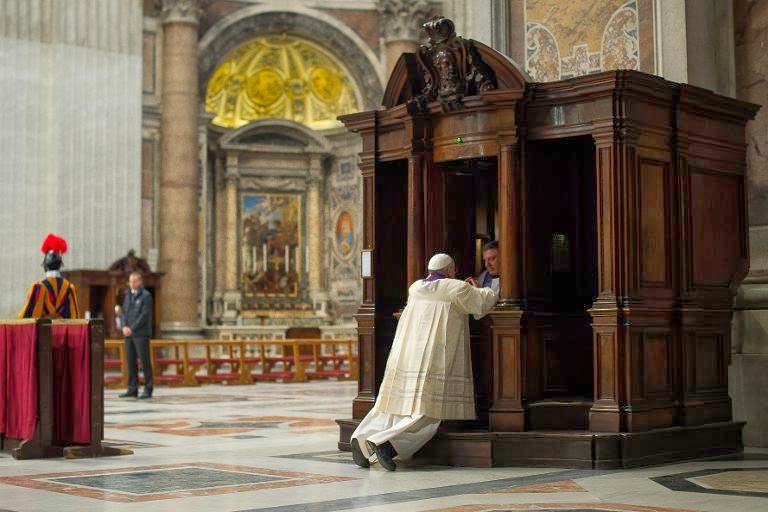 A religious leader in a white robe kneels at a wooden confession booth inside a cathedral, speaking to another person inside the booth, with intricate marble flooring and grand architectural columns in the background. A guard in ceremonial attire stands at attention nearby.