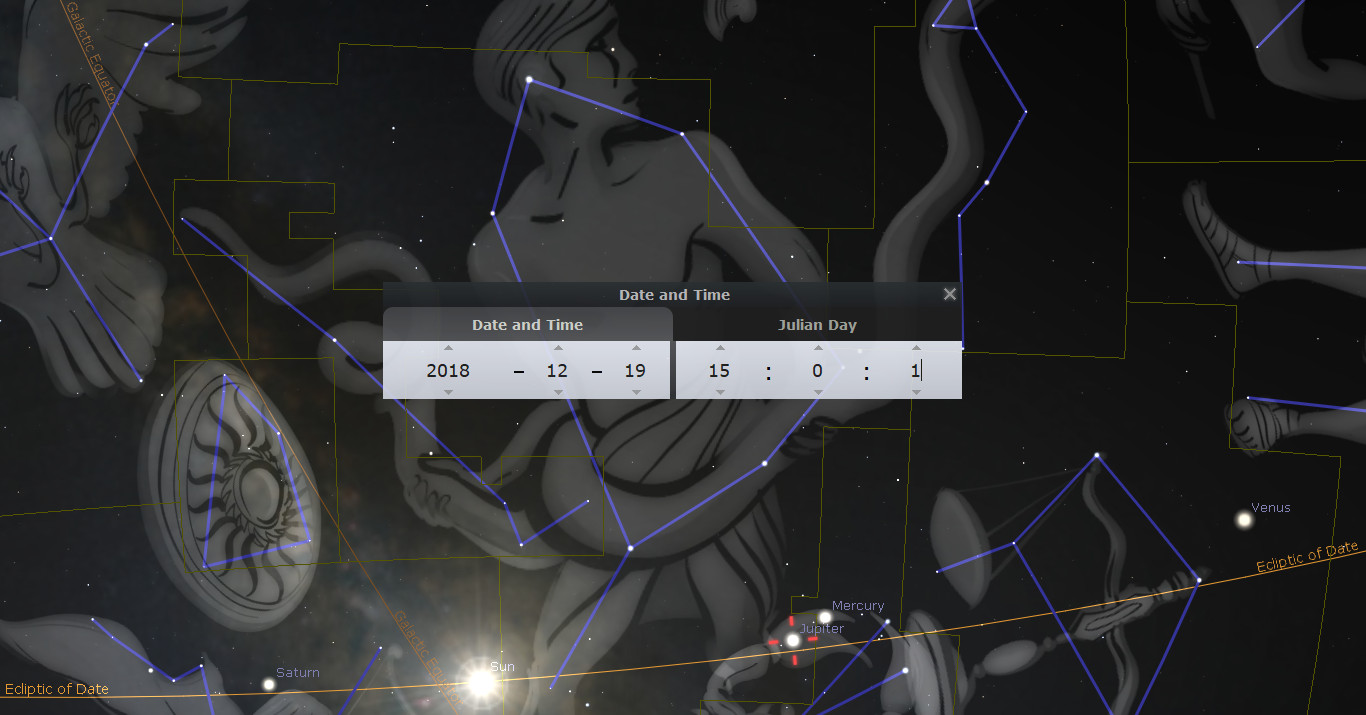 An astronomical software interface displaying a dark space sky featuring graphical representations of celestial bodies and figures associated with the Mazzaroth, with labels such as Mercury, Venus, and Jupiter visible. There's also an overlay showing the positions relative to the ecliptic of the date, along with a date and time box set at December 19, 2018.