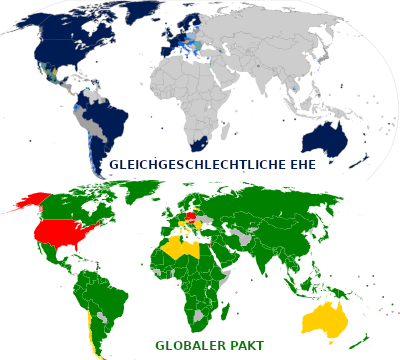 Weltkarte, die die Legalität der gleichgeschlechtlichen Ehe zeigt. Länder in Blau haben gleichgeschlechtliche Ehen legalisiert, Länder in Grün haben keinen globalen Pakt zur Anerkennung gleichgeschlechtlicher Ehen. Die Farben Rot, Gelb und Orange zeigen unterschiedliche Stufen der Anerkennung und rechtlichen Status.