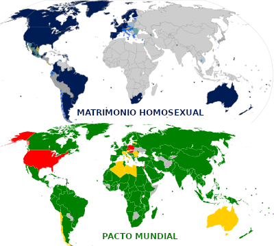 Mapa mundial mostrando la legalidad del matrimonio homosexual y los países en el Pacto Mundial. Los países donde el matrimonio homosexual es legal están coloreados en rojo, aquellos con otras uniones reconocidas en amarillo, los que no reconocen uniones del mismo sexo en verde, y los que tienen penalidades en azul oscuro.