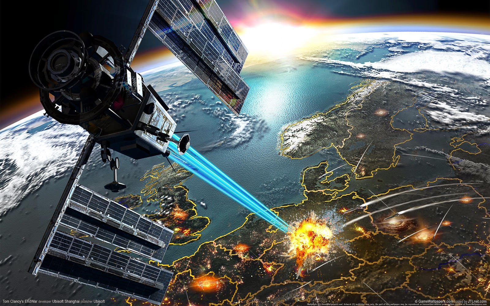 A digital artwork depicting a spacecraft orbiting Earth, emitting a bright blue beam towards the surface where multiple explosions are visible across a continent. Solar panels extend from the sides of the satellite, which is positioned against the backdrop of the planet’s curvature and the blackness of space.