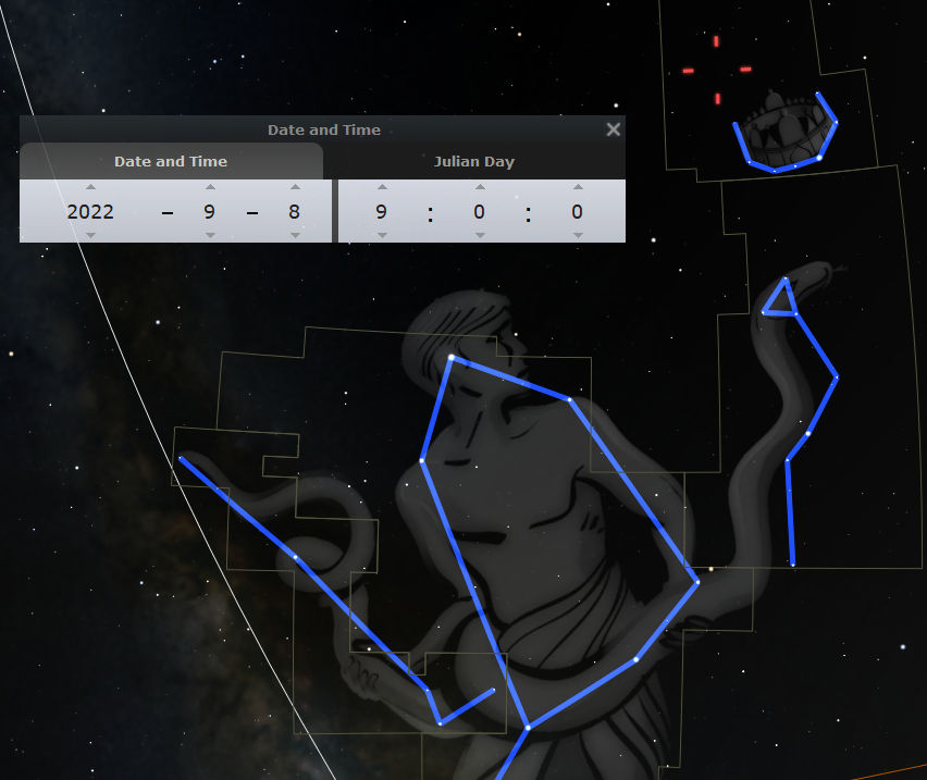 An image depicting a celestial software program displaying depicted configurations in the night sky overlaid with a line drawing of a female figure and a date and time control dialog showing the date as September 8, 2022.
