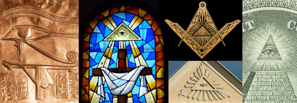 A collage of five images featuring various depictions of an eye within different contexts. From left to right: an ancient Egyptian relief of the Eye of Horus, a stained glass window showing an eye encased within a triangle and radiating beams, a freemason symbol of an eye within a golden compass, a modern wall sculpture of an eye within a sunburst, and an eye atop a pyramid on a dollar bill.